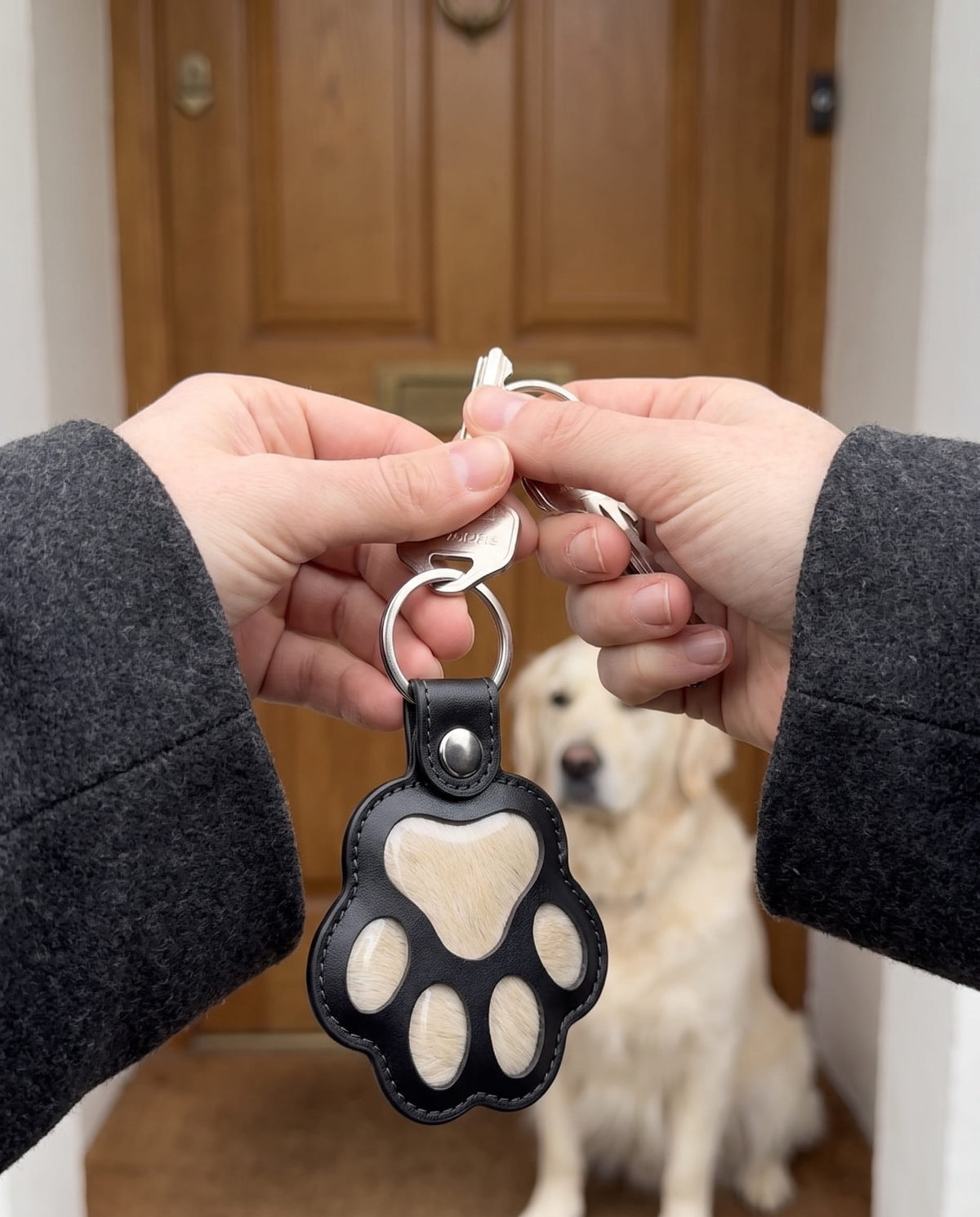 Pelino i Noir ved hoveddøren med en golden retriever