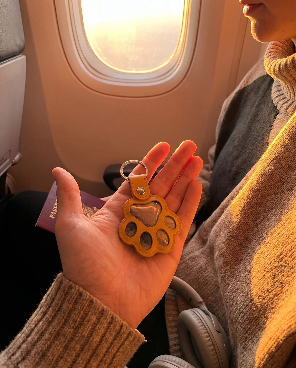 Pelino i hånden ved et flyvindue